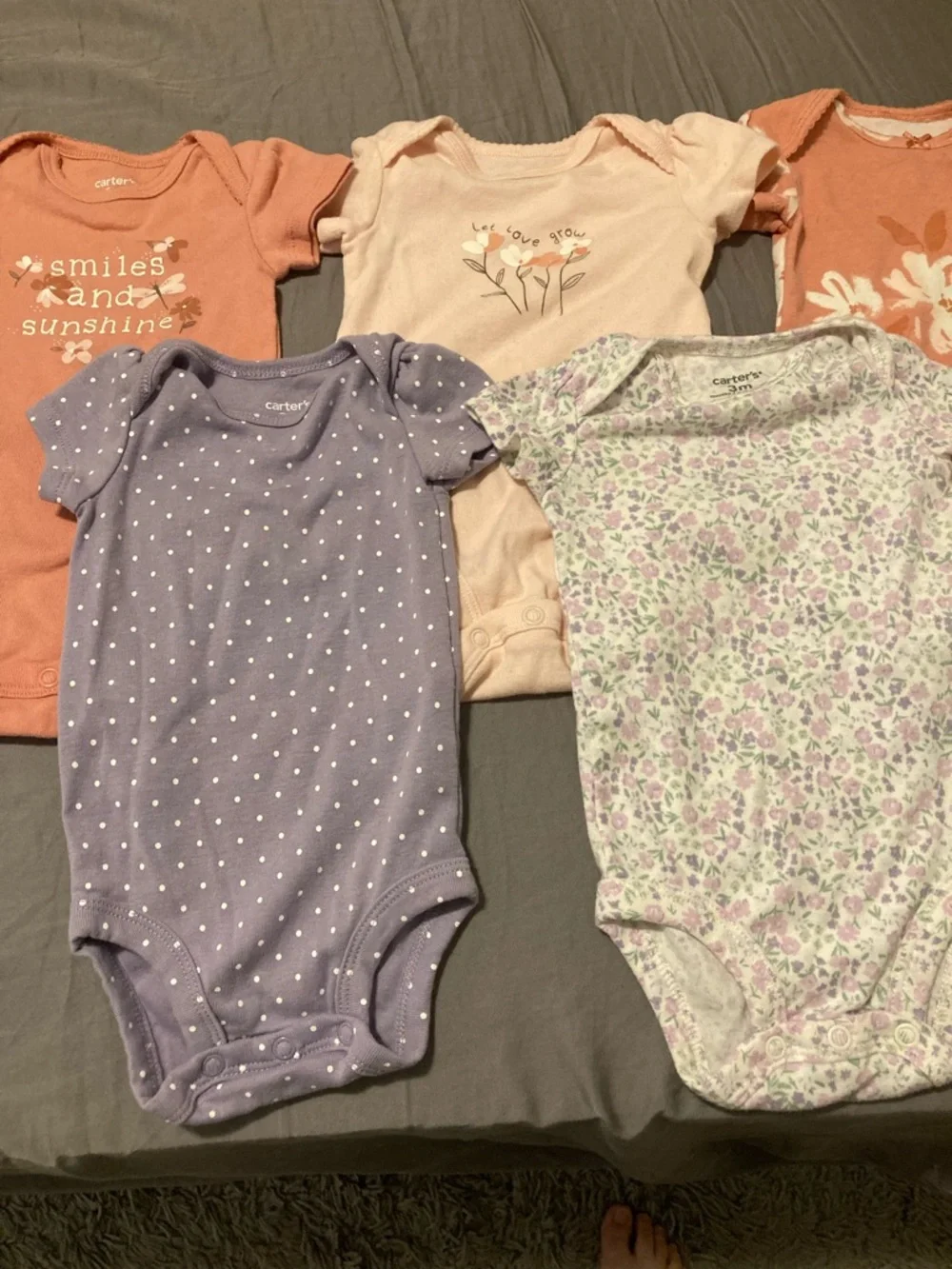 Carter's set of 5 Peach, Lavender Floral Baby One-Piece Bodysuit Set NWOT - Picture 3 of 4